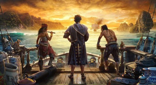 Image of pirates standing on deck of ship looking out at a sunset in Skull & Bones artwork.