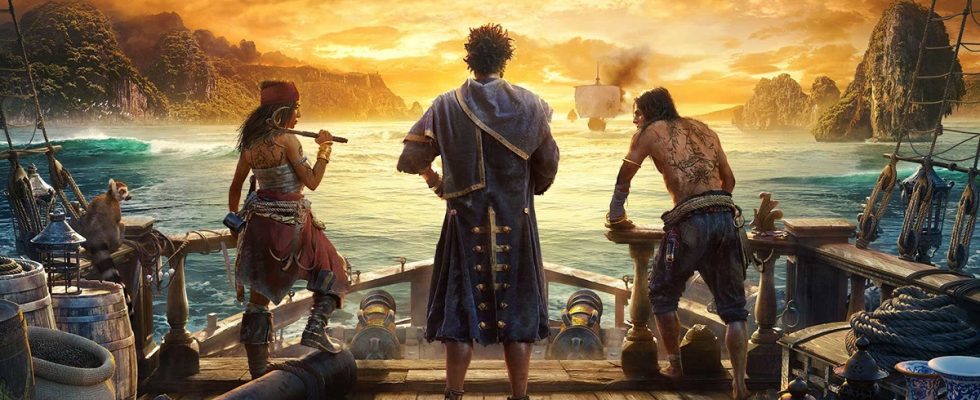 Image of pirates standing on deck of ship looking out at a sunset in Skull & Bones artwork.