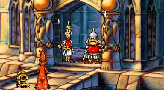 Discworld: two guards stopping Rincewind the Wizard from entering a castle.