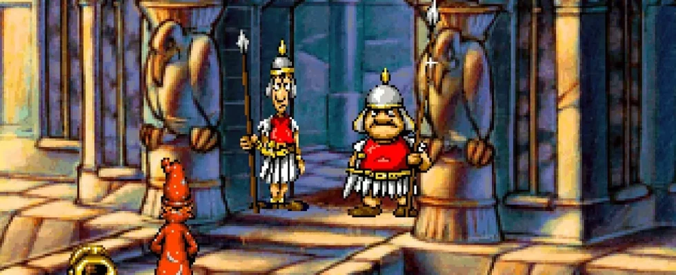 Discworld: two guards stopping Rincewind the Wizard from entering a castle.