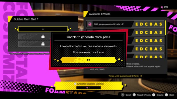 Capture d'écran de Foamstars, montrant le menu Battle Gem Set avec un message contextuel « Impossible de générer plus de gemmes ».
