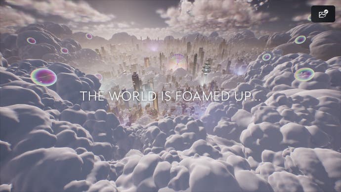 Capture d'écran de Foamstars, montrant une ville submergée dans des nuages ​​​​d'écume et un texte qui dit : « le monde est rempli d'écume ».