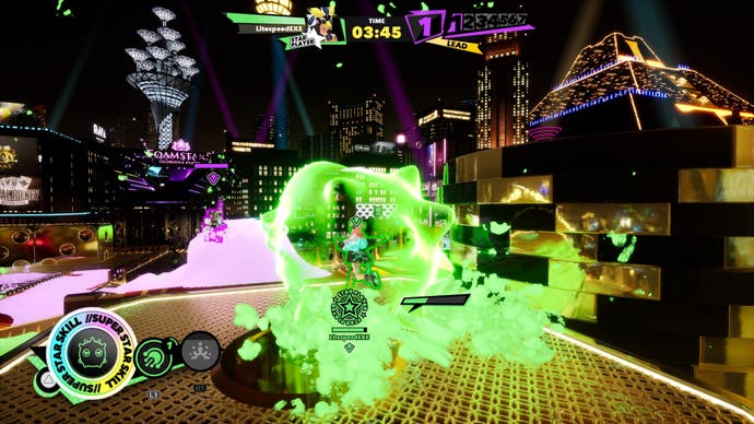Soa utilise sa capacité ultime pour rouler dans une boule verte gluante dans une capture d'écran de Foamstars.