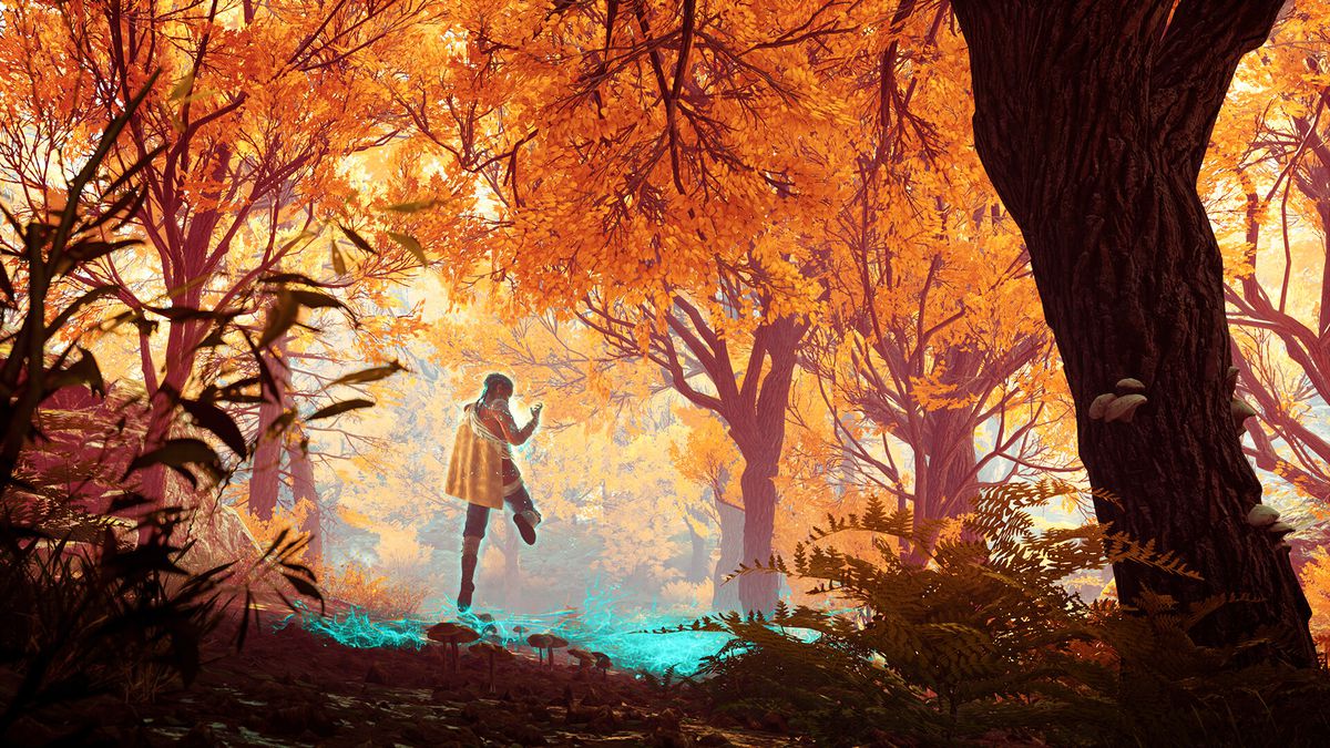 La fantomatique Anthea plane et invoque une sorte de magie bleue dans une forêt d'automne aux couleurs riches dans Banishers: Ghosts of New Eden.