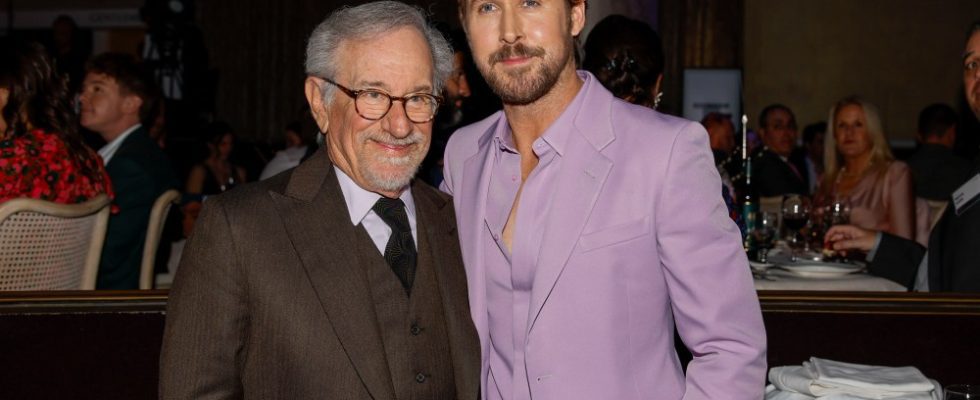 Beverly Hills , CA - February 12: Steven Spielberg and Ryan Gosling at the 2024 Oscars Nominees Luncheon at the  The Beverly Hilton Hotel  in Beverly Hills , CA, Monday, Feb. 12, 2024. (Jason Armond / Los Angeles Times via Getty Images)