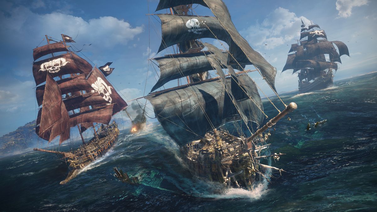 Trois grands voiliers aux voiles déployées ouvrent leurs voiles loin du spectateur dans l'aventure pirate d'Ubisoft Skull and Bones