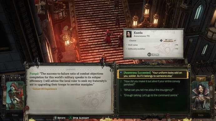 Une capture d'écran de Rogue Trader montrant une vérification de compétence réussie pendant le dialogue.
