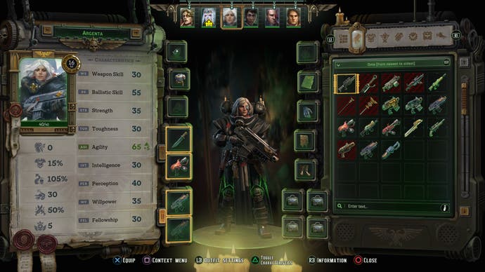 Une capture d'écran de Rogue Trader montrant l'écran d'inventaire.