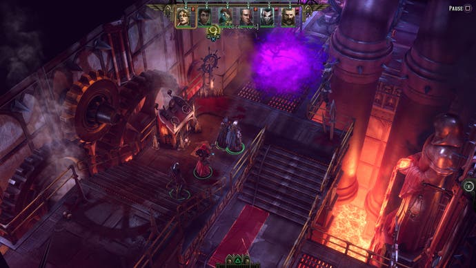 Une capture d'écran de Rogue Trader montrant le groupe voyageant à travers une usine corrompue.