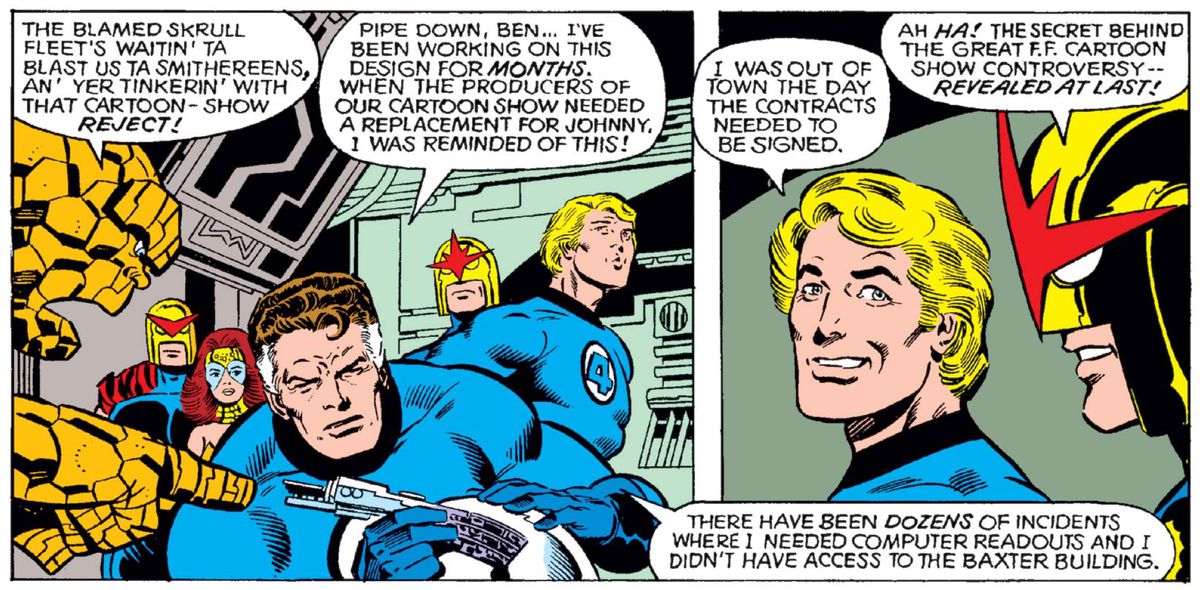 Deux panneaux de Fantastic Four #209 présentent Reed Richards et Johnny Storm expliquant la création d'HERBIE à The Thing et Nova.