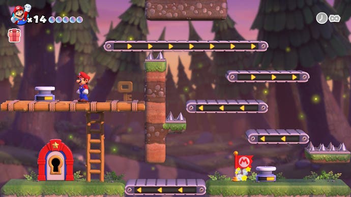 Mario traverse un niveau fait de tapis roulants