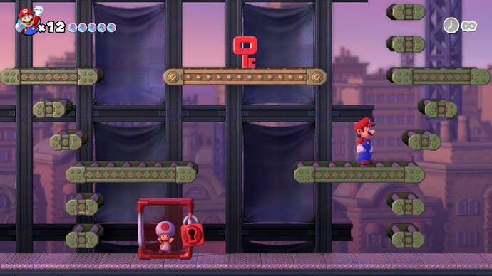 Mario doit se rendre sur une plateforme avec une clé rouge pour libérer un crapaud d'une cage rouge