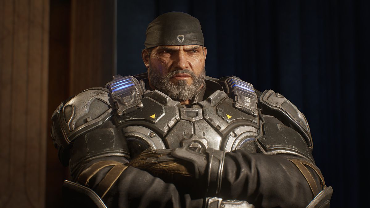 un Marcus Fenix ​​âgé et marqué par les combats, héros original de la franchise Gears of War, tel qu'il apparaît dans Gears 5 de 2019