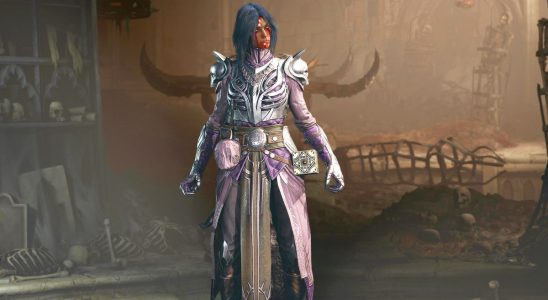 Diablo 4 Necromancer in silver and purple armor standing in front of a dark environmental background