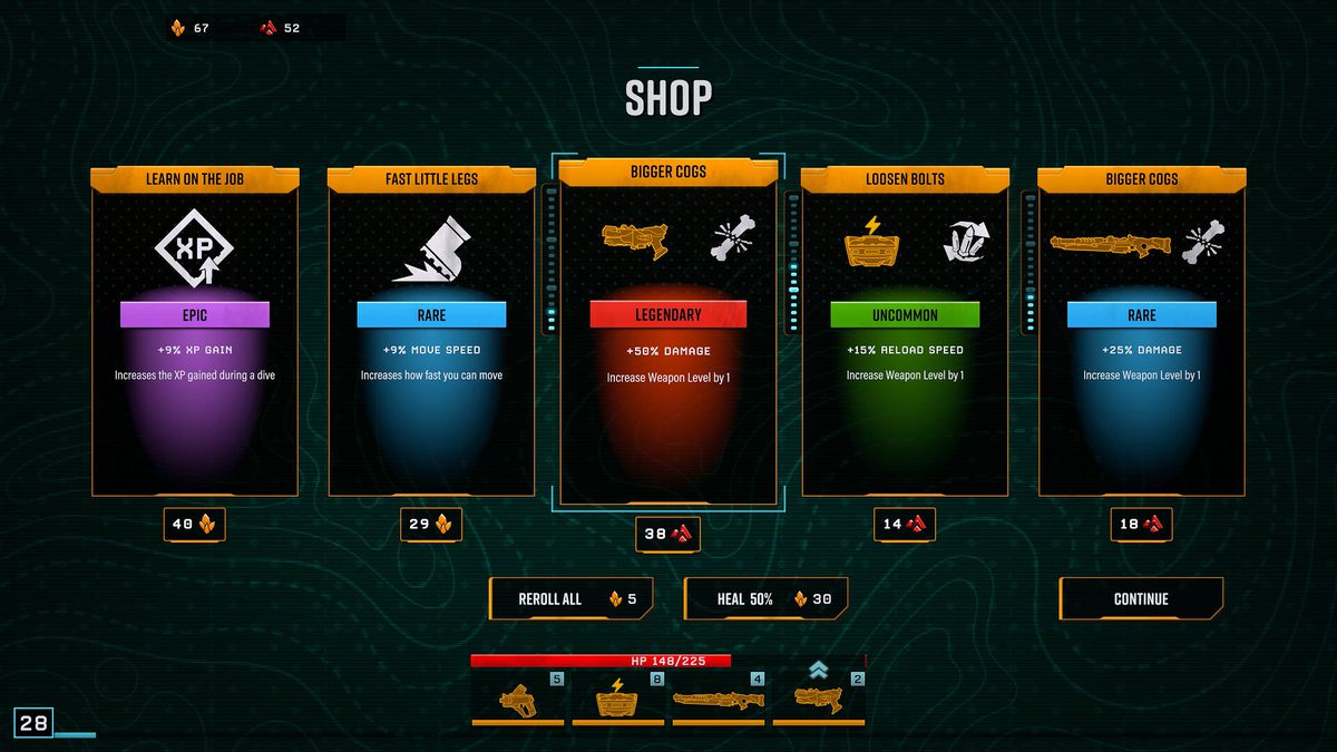 Une sélection d'améliorations disponibles dans la boutique de Deep Rock Galactic, montrant comment les joueurs peuvent renforcer leur arme ou leur nain.