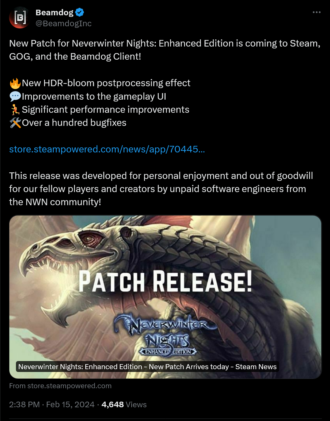 Un nouveau patch pour Neverwinter Nights : Enhanced Edition arrive sur Steam, GOG et le client Beamdog !  🔥Nouvel effet de post-traitement HDR-bloom 💬Améliorations de l'interface utilisateur du gameplay 🏃Améliorations significatives des performances 🛠️Plus d'une centaine de corrections de bugs https://store.steampowered.com/news/app/704450/view/7597079377547967509