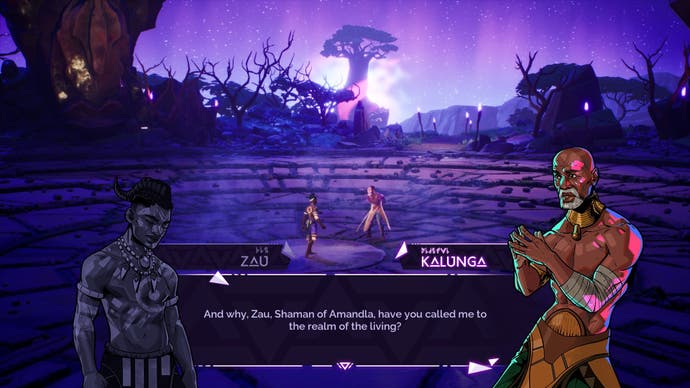 Tales of Kenzera : Zau Capture d'écran montrant Zau conversant avec son père à l'extérieur, au milieu d'arbres se découpant et d'un ciel violet éclatant.