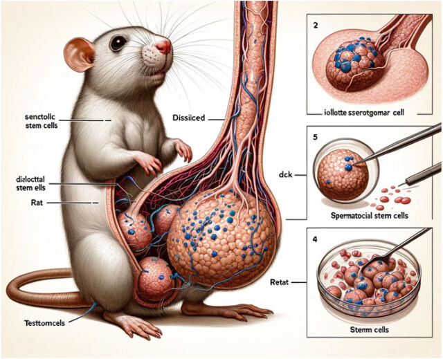 Figure 1 de l'article générée par l'IA.  Cette image est censée montrer des cellules souches spermatogoniales isolées, purifiées et cultivées à partir de testicules de rat.