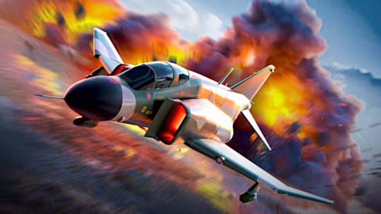 Codes de War Tycoon : un avion à réaction F-4 s'éloigne d'une explosion massive.