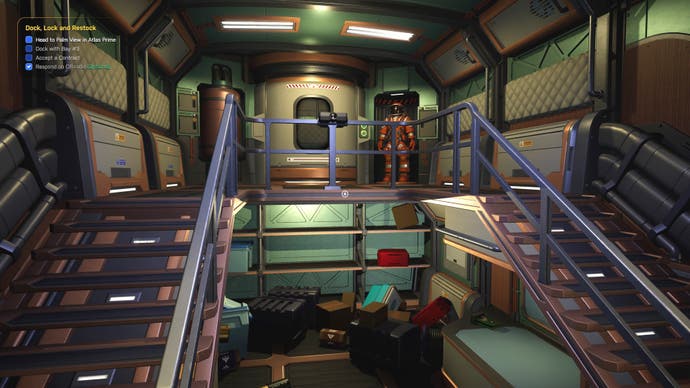 Une capture d'écran de Star Trucker montrant la soute d'un camion spatial, avec des escaliers menant à un sas central de chaque côté.
