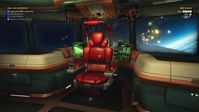 Une capture d'écran de Star Trucker montrant la cabine intérieure d'un camion spatial, avec un siège en cuir rouge extrêmement confortable.