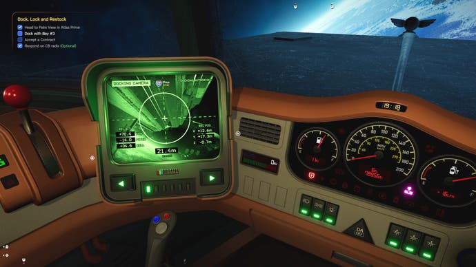 Une capture d'écran de Star Trucker présentant l'un des deux affichages du tableau de bord, celui-ci montrant une vue externe depuis la caméra d'accueil.