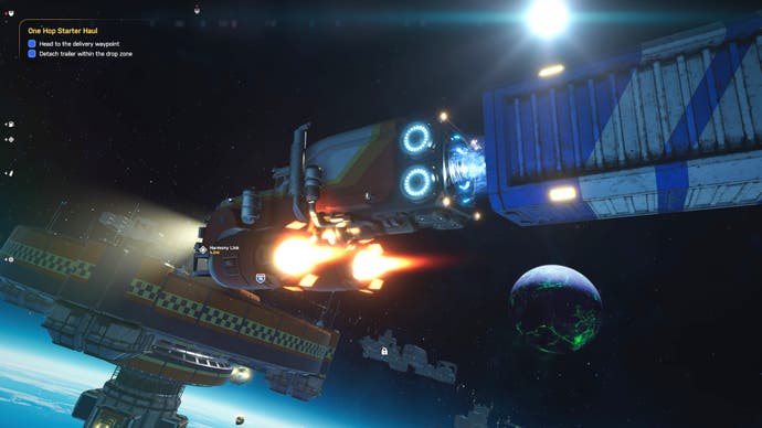 Une capture d'écran de Star Trucker montrant une vue externe d'une plate-forme spatiale tirant ses propulseurs.