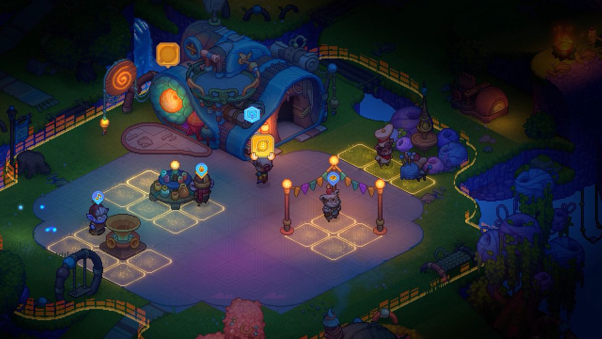 Un festival nocturne à Bandle Tale : A League of Legends Story, avec des stations installées pour que les invités puissent se rassembler et s'amuser.