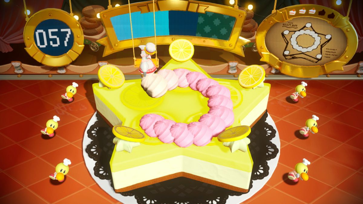 La pâtisserie Peach décore une pâtisserie géante entourée du boulanger Theets dans une capture d'écran de Princess Peach : Showtime !