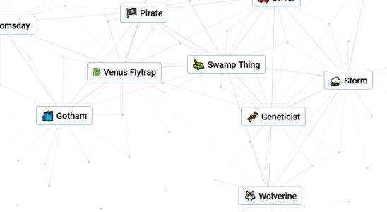 Infinite Craft, with a screen of connected tags, Venus Fly Trap, Gotham, Wolverine etc.