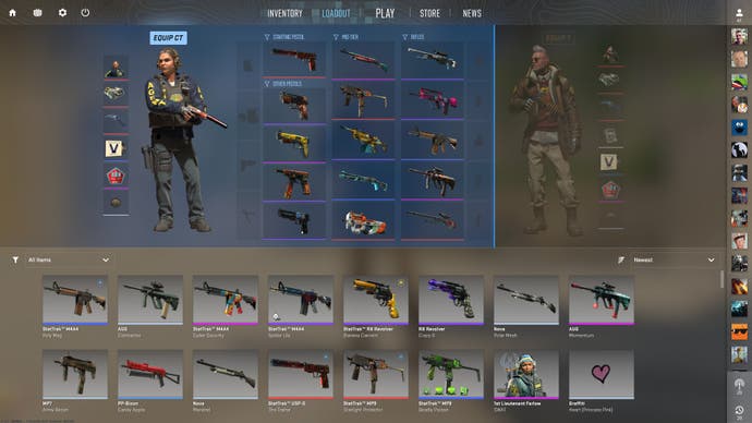 L'écran de chargement de Counter-Strike 2, qui vous permet d'équiper des armes en trois catégories : pistolets, intermédiaires et fusils.