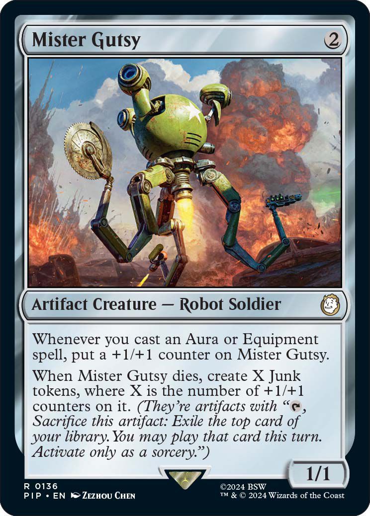 Un robot militaire Mister Gutsy orne la couverture de la carte Mister Gutsy.  Les explosions montent en arrière-plan.