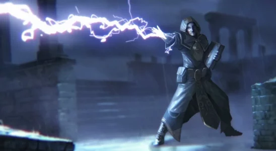 the mage from last epoch casting lightning bolt in official art