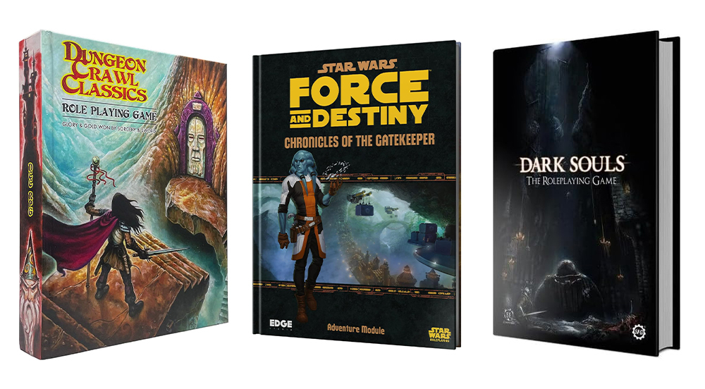 Livre de règles de Dungeon Crawl Classics, module d'aventure Star Wars : Force & Destiny : Chronicles of the Gatekeeper et livre source de Dark Souls : The Roleplaying Game.