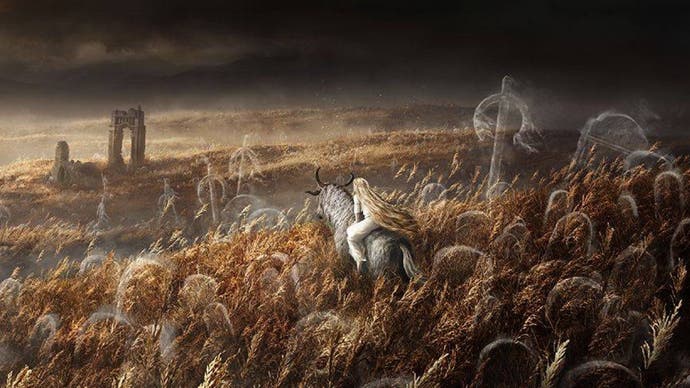 Art promotionnel maussade pour l'extension Shadow of the Erdtree d'Elden Ring, montrant apparemment Miquella chevauchant à travers des champs de blé à l'arrière de Torrent.