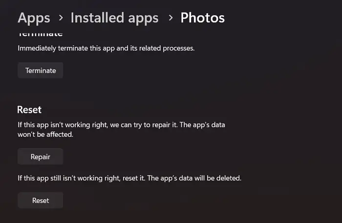 Réparer l'application Photos