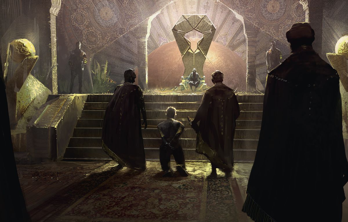 Un prisonnier s'agenouille devant l'Empereur.  Le style est vif et pixelisé, avec des motifs du Moyen-Orient en arrière-plan de l’estrade ornée du trône.