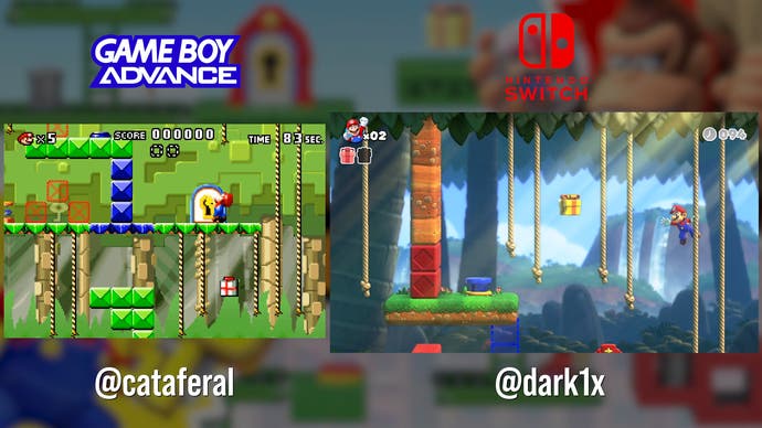 Game Boy Advance vs Switch, captures d'écran de comparaison Mario vs Donkey Kong, montrant une scène dans la jungle