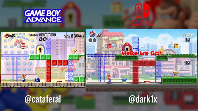 Game Boy Advance vs Switch, captures d'écran de comparaison Mario vs Donkey Kong, montrant le gameplay