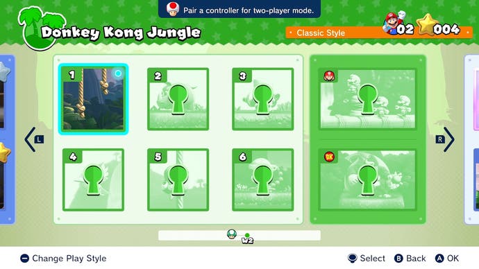 Switch Mario vs Donkey Kong : captures d'écran de comparaison, montrant l'interface de sélection de niveau