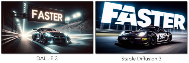 Une comparaison des sorties entre DALL-E 3 d'OpenAI et Stable Diffusion 3 avec l'invite, "Photo de nuit d'une voiture de sport avec le texte "SD3" sur le côté, la voiture roule à grande vitesse sur une piste de course, un énorme panneau routier avec le texte « plus vite »."