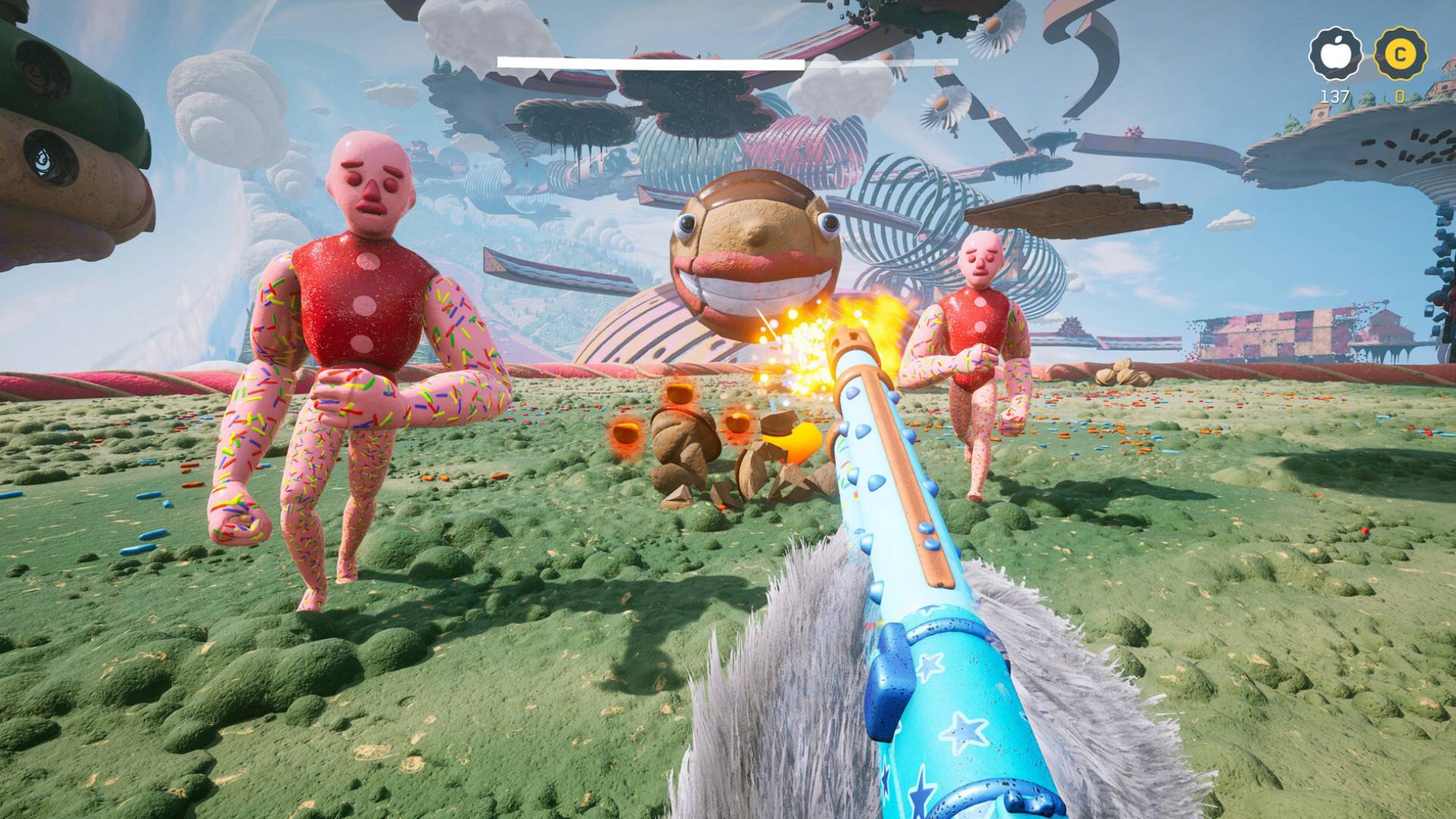 Le nouveau DLC d'Atomic Heart est un pastel "Google Tag" monde, où vous êtes poilu : une créature à fourrure avec un pistolet bleu vif tire sur des ennemis colorés dans un champ