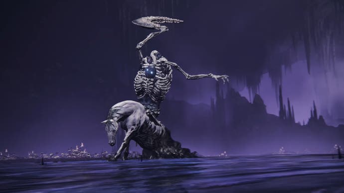 Squelette montant un cheval blanc sur un lac violet