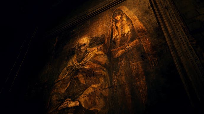 Ancien portrait représentant un vieil homme et une femme masqués assis avec un foulard tenant son ventre