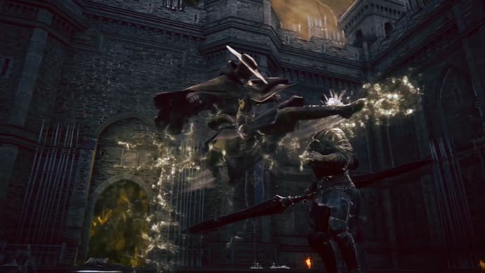 Le personnage du joueur portant un chapeau et une cape donne un coup de pied à un soldat en l'air avec des jets de pulvérisation