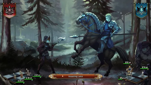 Un chevalier non monté affronte un autre chevalier à cheval, tous deux tiennent une lance. 