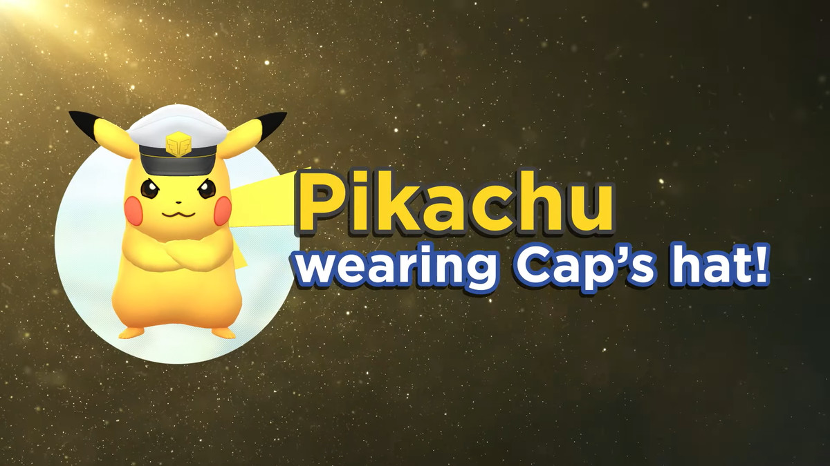 Pikachu porte une casquette de capitaine.  Le texte dit : « Pikachu portant le chapeau de Cap ! »