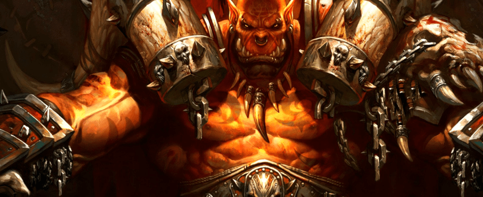 Garrosh Hellscream sits atop his throne in World of Warcraft, looking jacked as all get-out.