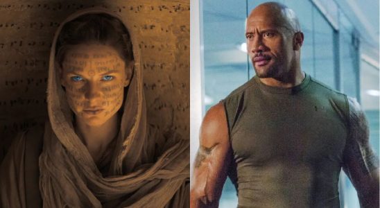 Rebecca Ferguson in Dune, and Dwayne Johnson in Furious 7, pictured side by side.