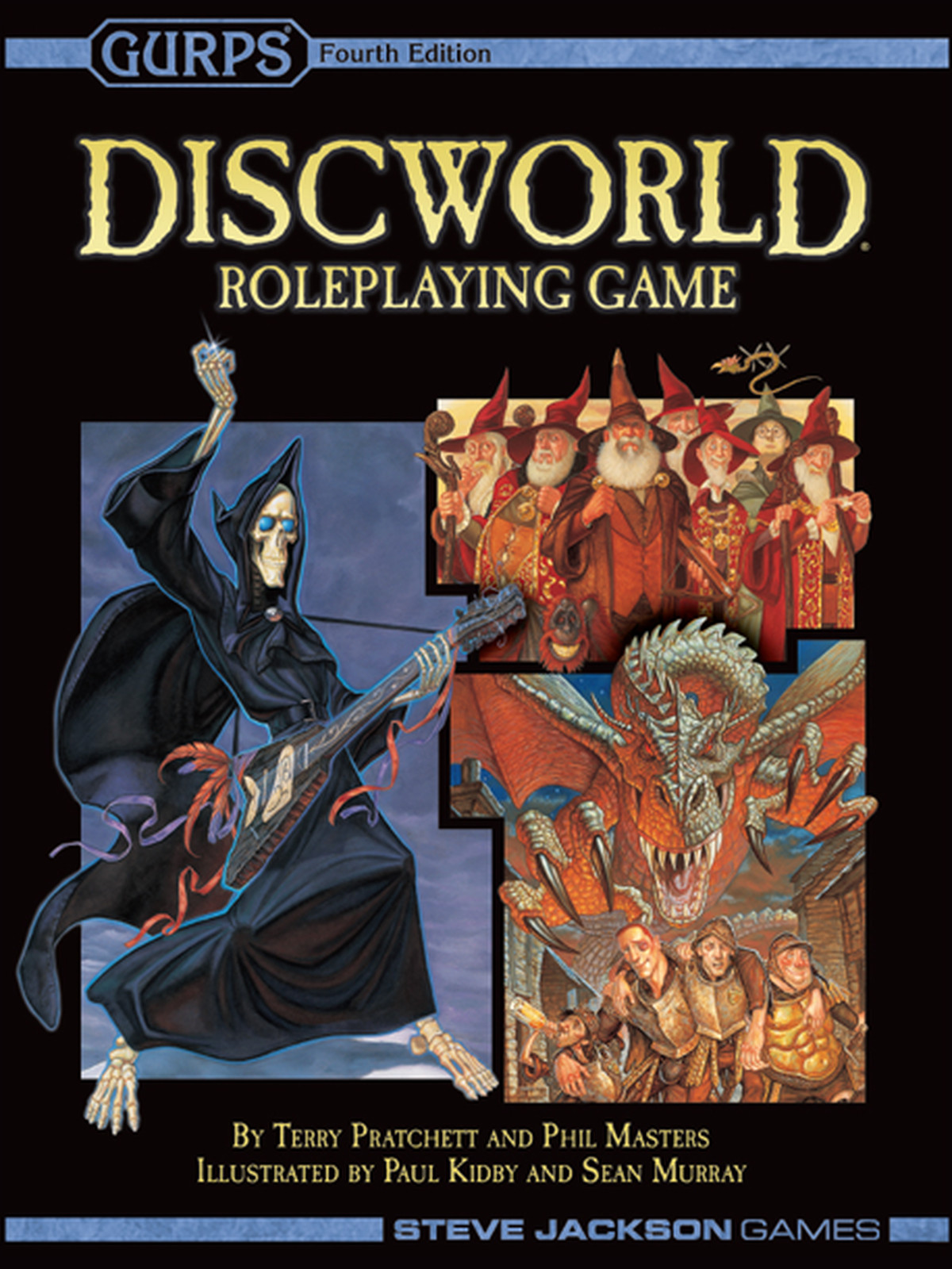 La couverture du RPG Discworld GURPS de Steve Jackson Games.  Il montre la Mort jouant de la guitare électrique, avec des nains ou des gnomes et un dragon poursuivant des soldats.